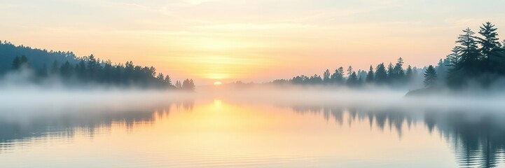 Obraz premium Watercolor painting of a serene lake at dawn with misty water and trees, calming atmosphere, water lilies