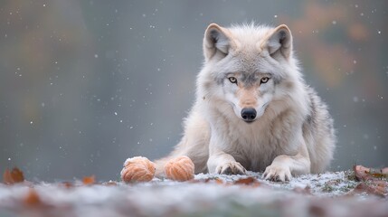 Obraz premium Majestic Arctic Wolf in Snowy Winter Landscape with Nuts