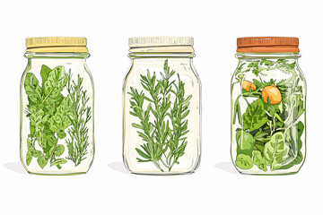Fresh Herbs in Glass Jars: A Bright and Vibrant Display of Culinary Ingredients for Cooking, Flavors, and Natural Ingredients in Kitchen or Restaurant Setting