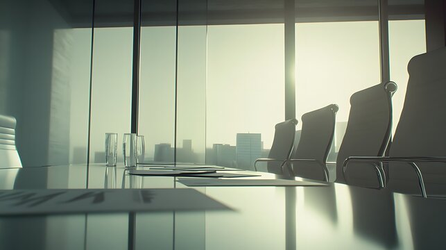 Empty meeting room with scattered budget papers and vacant chairs, symbolizing the aftermath of intense decision-making and strategic planning sessions.