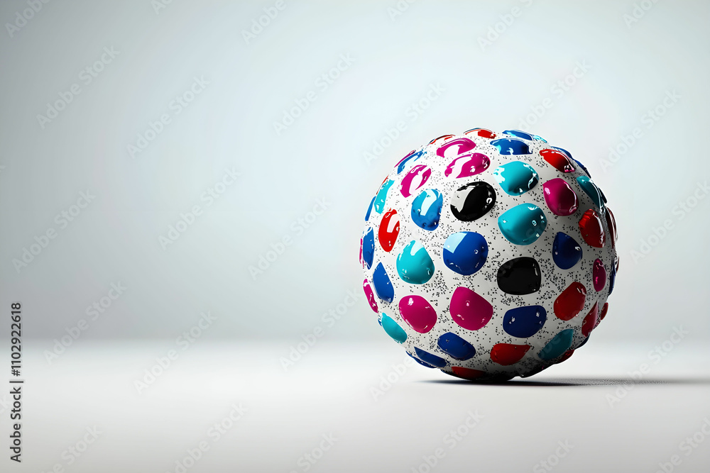 Poster colorful polka-dot ball on minimalist surface with soft shadows creating a playful and modern atmosp