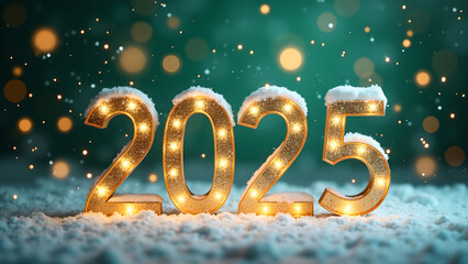 2025 New Year Festive Decor with Snow and Lights. Concept of celebration, hope, and new beginnings.