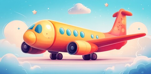 Cartoon Airplane Soaring Above Fluffy Clouds and Stars
