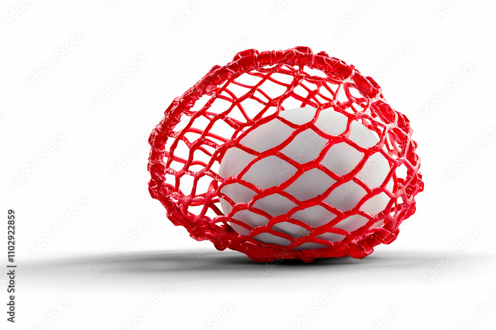 Poster Realistic of a White Egg Surrounded by a Red Net Structure on a Plain White Background Highlighting Creative Conceptual Art and Design Elements