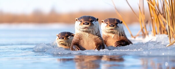 Family of otters playing in icy water, frozen reeds surrounding them, joy in a serene seasonal setting
