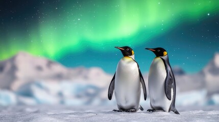 Penguins sliding across icy landscapes under a vibrant aurora, a joyful and playful seasonal wildlife setting