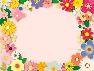 Colorful Paper Flower Frame on Pink Background Spring Floral Border Design