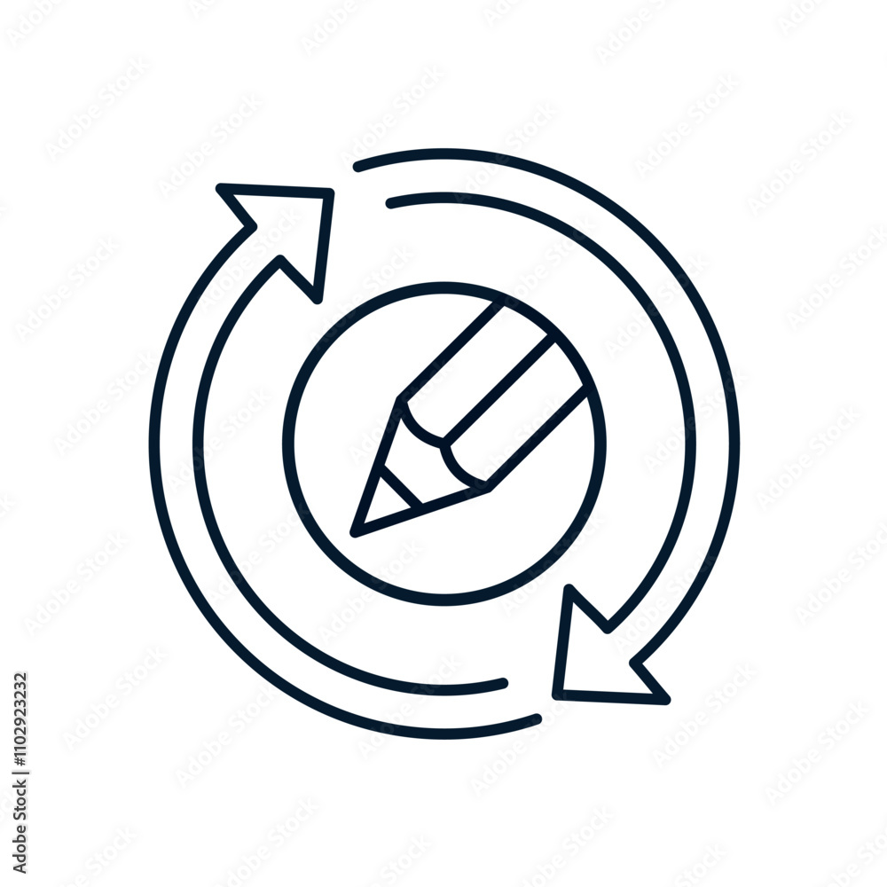 Poster pencil, arrow in a circle. concept to correct information, data. vector linear icon isolated on whit