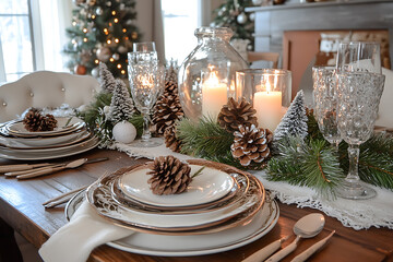A rustic Christmas table with pinecones, candles, and natural decorations, creating a warm, inviting holiday setting for family gatherings