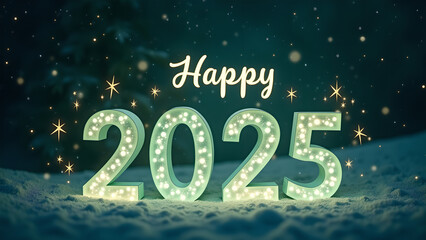 Happy New Year 2025 with lights in snow. Winter holiday celebration concept.
