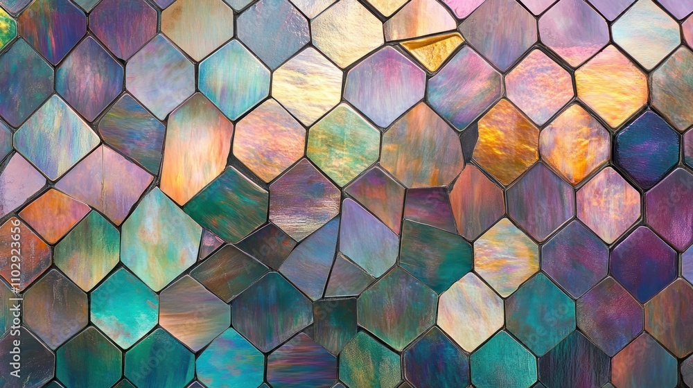 Poster a vibrant mosaic of hexagonal tiles showcasing iridescent colors and patterns.