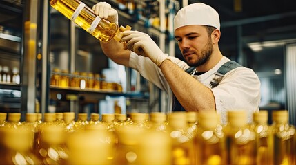 Craftsman attaches labels to oil bottles.