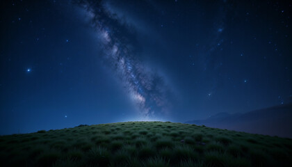 Starry night sky over a grassy hill with the Milky Way visible