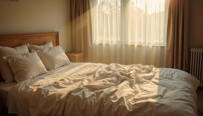 Cozy bed with white linens in a warm, sunlit bedroom