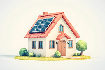 Charming 3D-rendered house with solar panels on a rooftop surrounded by vibrant greenery and whimsical trees, showcasing sustainable living in a cozy setting