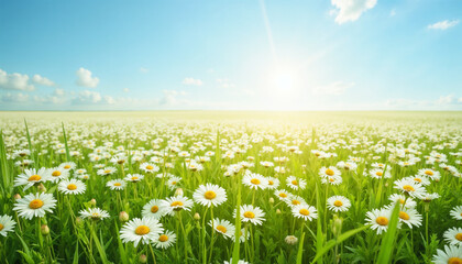 Daisy flower field under a bright blue sky at sunrise