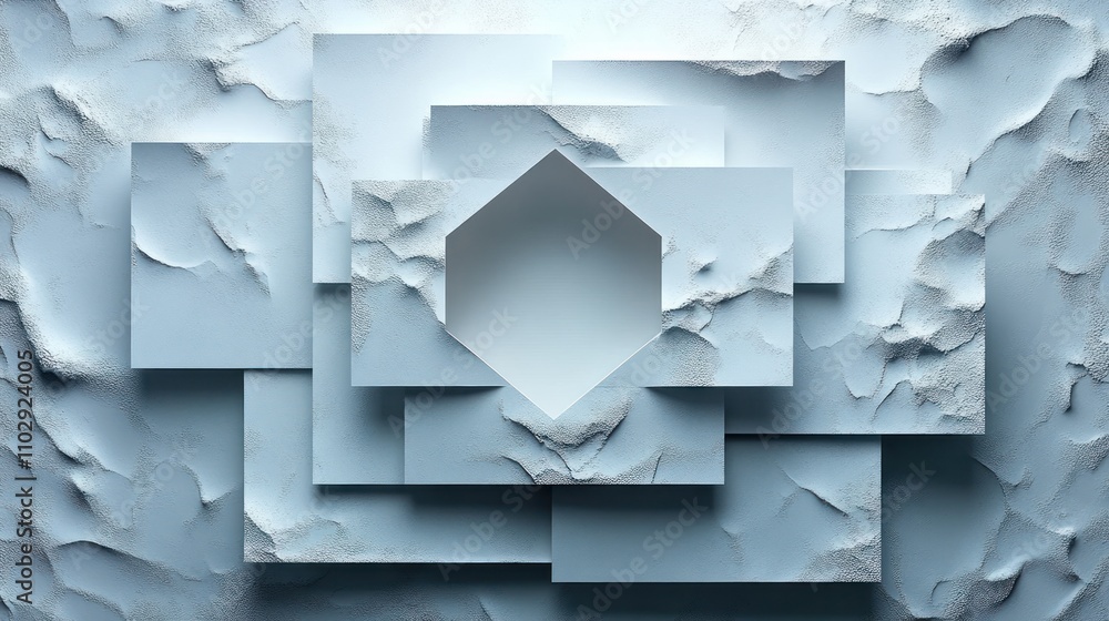 Poster abstract layered shapes in soft blue tones with a central hexagonal cutout.