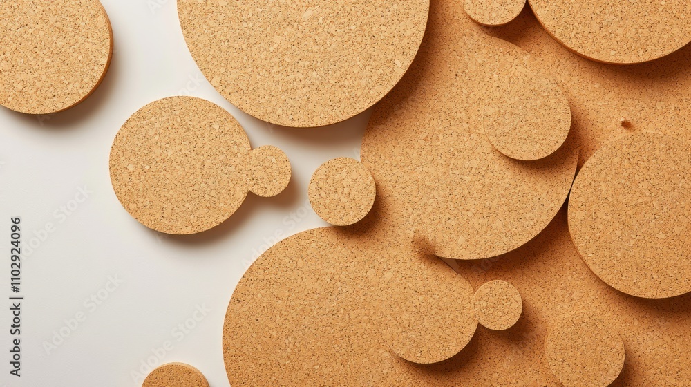 Poster a collection of cork circles arranged on a surface, showcasing texture and design.