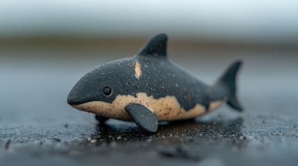 Cute Orca Whale Toy on Wet Ground  Adorable Marine Animal Figurine