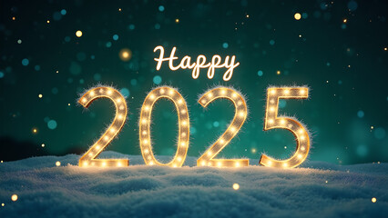 Happy New Year 2025 with glowing lights in snow. Concept of celebration, winter, and holidays.