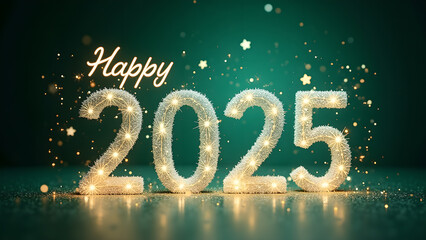 Happy New Year 2025 with sparkling lights. Festive celebration concept.