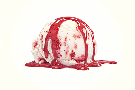 Delicious Scoop of Creamy Vanilla Ice Cream with Drizzling Raspberry Sauce on a Light Background, Perfect for Dessert Lovers and Food Photography Enthusiasts