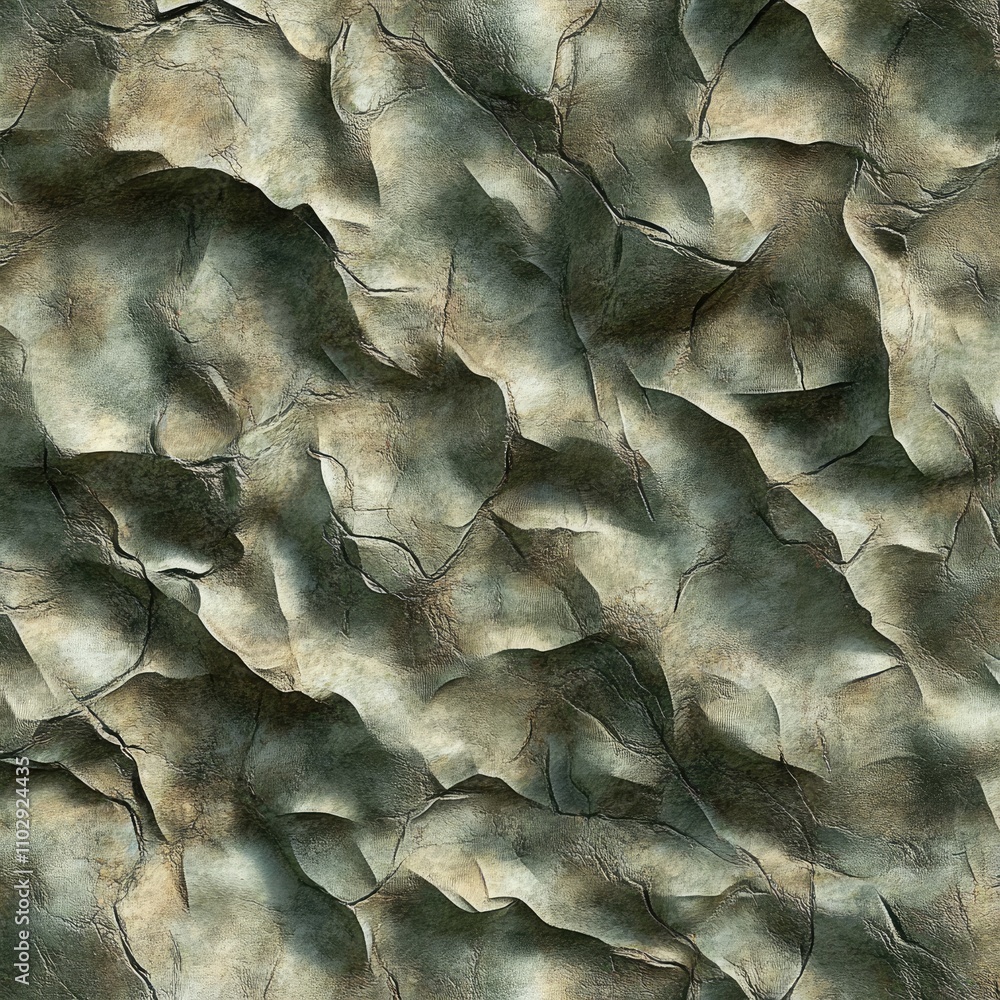 Poster textured surface resembling abstract rocky terrain with a mix of colors and patterns.