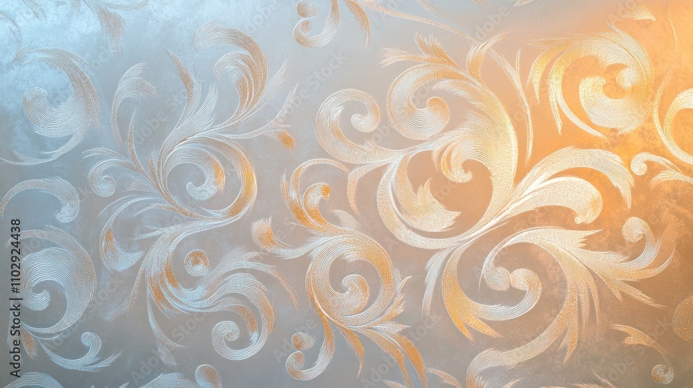 Poster elegant swirling patterns in soft colors create a decorative background.