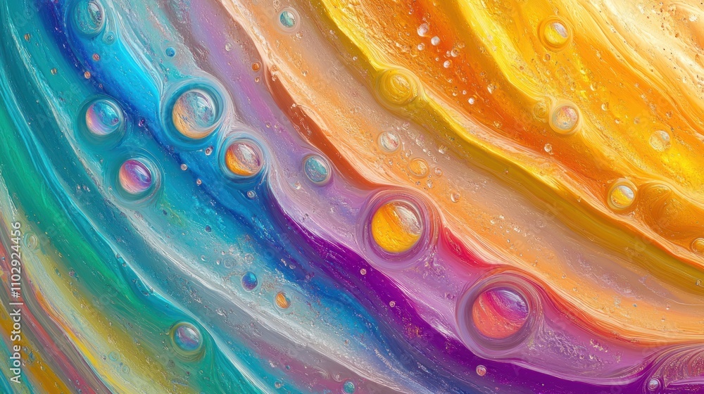 Poster abstract colorful waves with bubbles, creating a vibrant and dynamic visual effect.