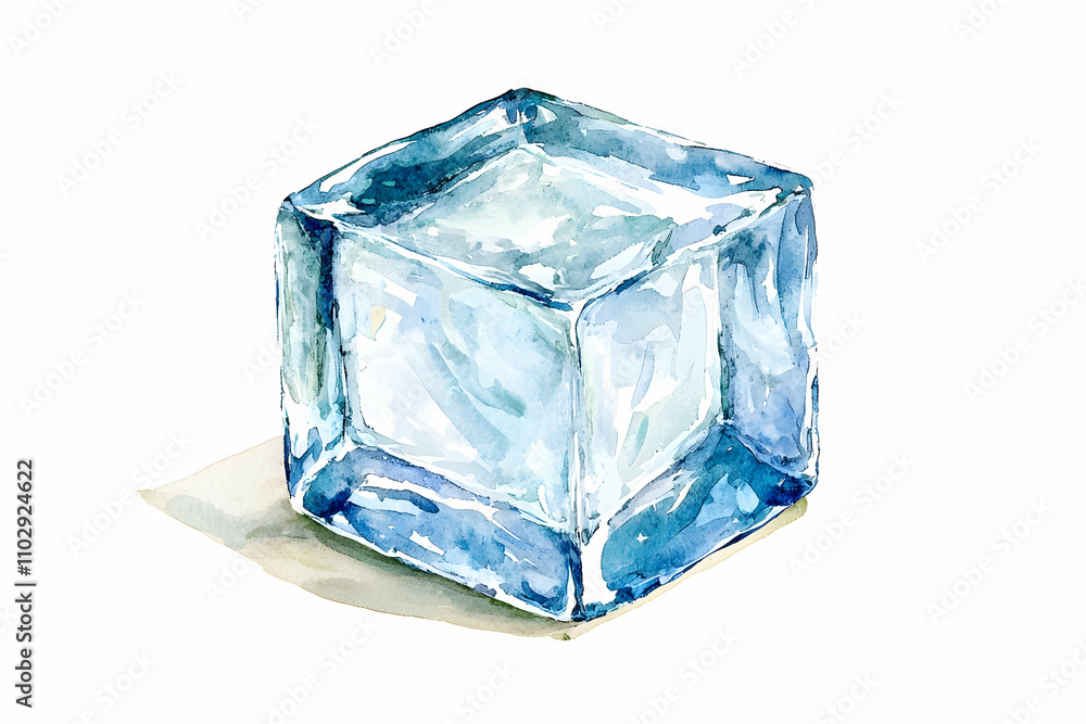 Aufkleber realistic watercolor illustration of a single ice cube with clear edges and subtle reflection, perfe