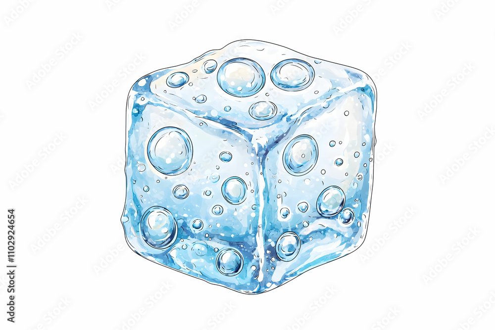 Poster realistic illustration of a single ice cube with bubbles and reflections on a white background for f