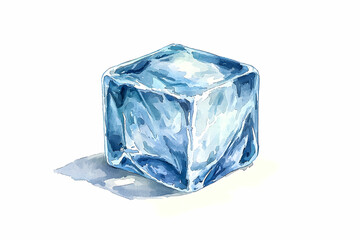 Obraz premium Detailed Watercolor Illustration of a Single Ice Cube with Beautiful Transparency and Reflection on a Clean White Background