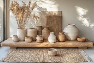 A serene display of pottery and dried plants on a wooden shelf, showcasing natural aesthetics.