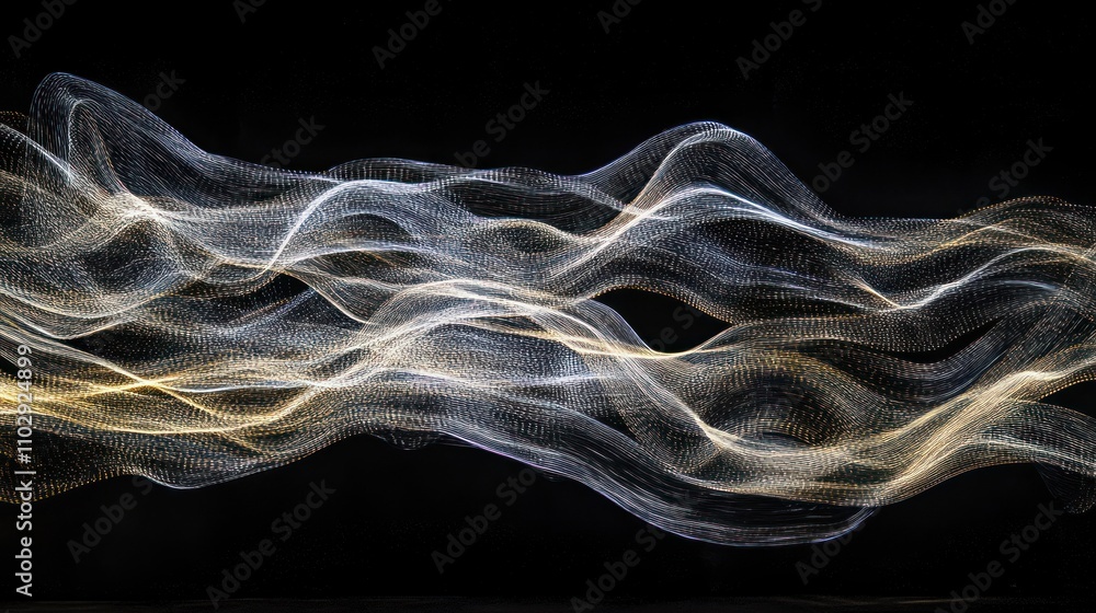 Poster abstract light waves creating a dynamic, flowing pattern against a dark background.