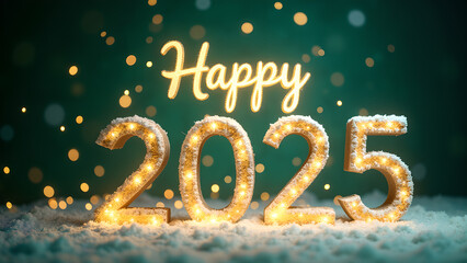 Happy New Year 2025 with snow and lights. Festive celebration concept.