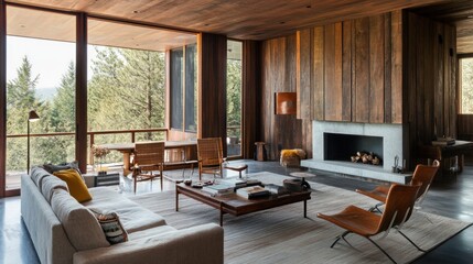 Fototapeta premium Modern living room with wooden accents and large windows overlooking nature.