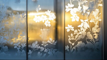 Frosted glass with floral designs reflecting warm light.