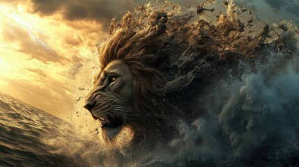 Naklejka premium A lion emerging from turbulent waves, symbolizing strength and nature's power.