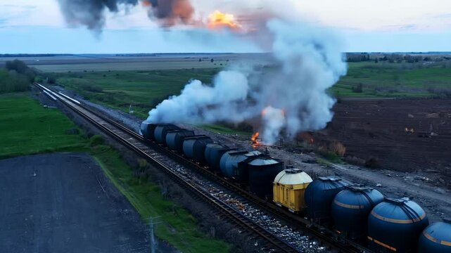 A burning train. Oil or toxic chemicals leak and ignite. Acrid smoke is released into the atmosphere. Experience the alarming sight of a train fire, where oil leaks ignite and release acrid smoke.
