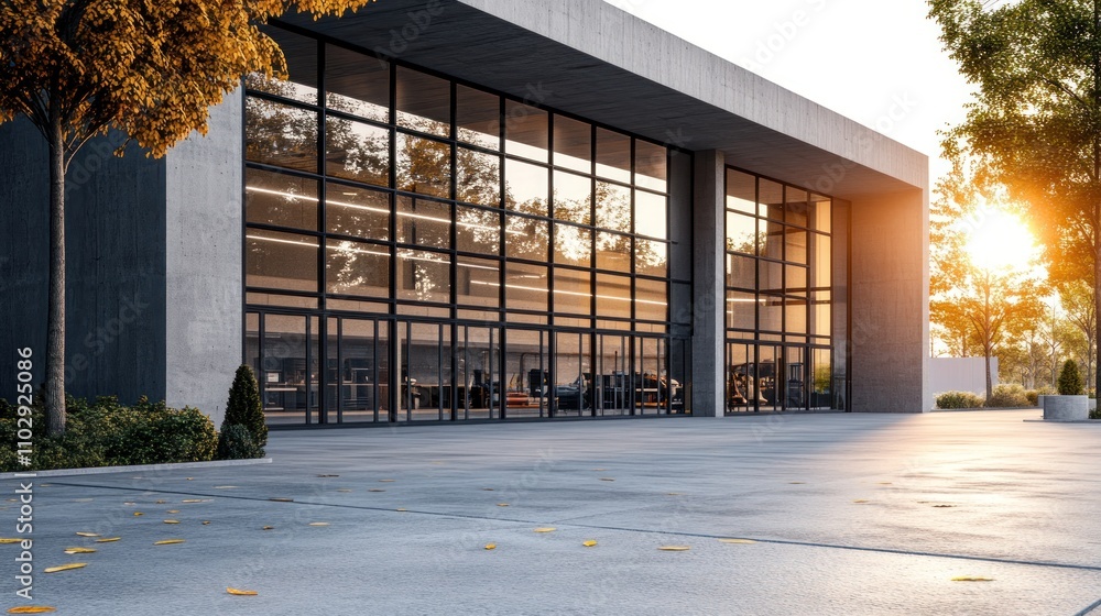 Poster modern building with large glass windows, surrounded by trees and a paved area.