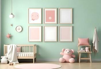 A modern, minimalist nursery interior with pastel-colored walls, a wooden side table, and a gallery wall of framed artwork in neutral tones.