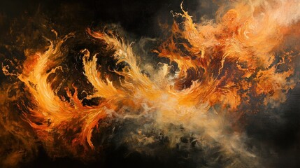 Abstract artwork depicting fiery swirls and dynamic movement on a dark background.