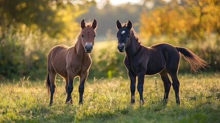Horses are grazing in natural light.