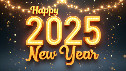 Happy New Year 2025 Gold Text Effect. Concept of celebration, holiday, and party.