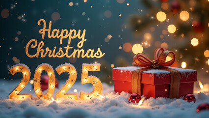 Happy Christmas 2025 with gift and snow. Festive winter holiday concept.