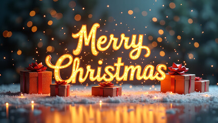 Merry Christmas text with gift boxes and snow. Festive winter holiday concept.