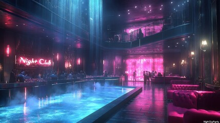 A vibrant nightclub interior with colorful lighting and a pool, creating an energetic atmosphere.