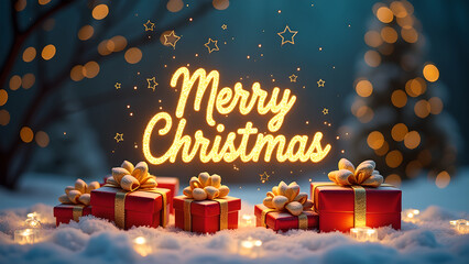 Merry Christmas Gift Boxes in Snow. Festive Holiday Concept.