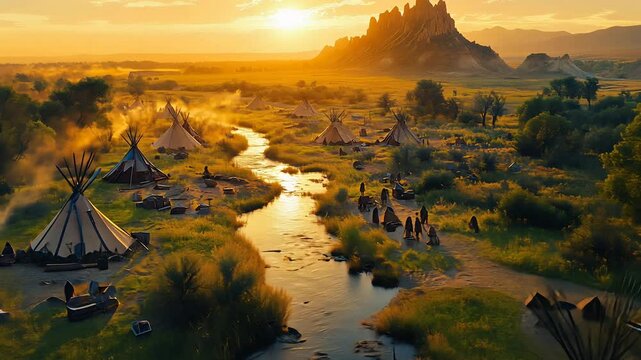 Golden hues blanket an enchanting landscape as the sun sets behind rugged mountains. Tipis dot the foreground, while a gentle river weaves through the lush greenery, creating a tranquil escape.