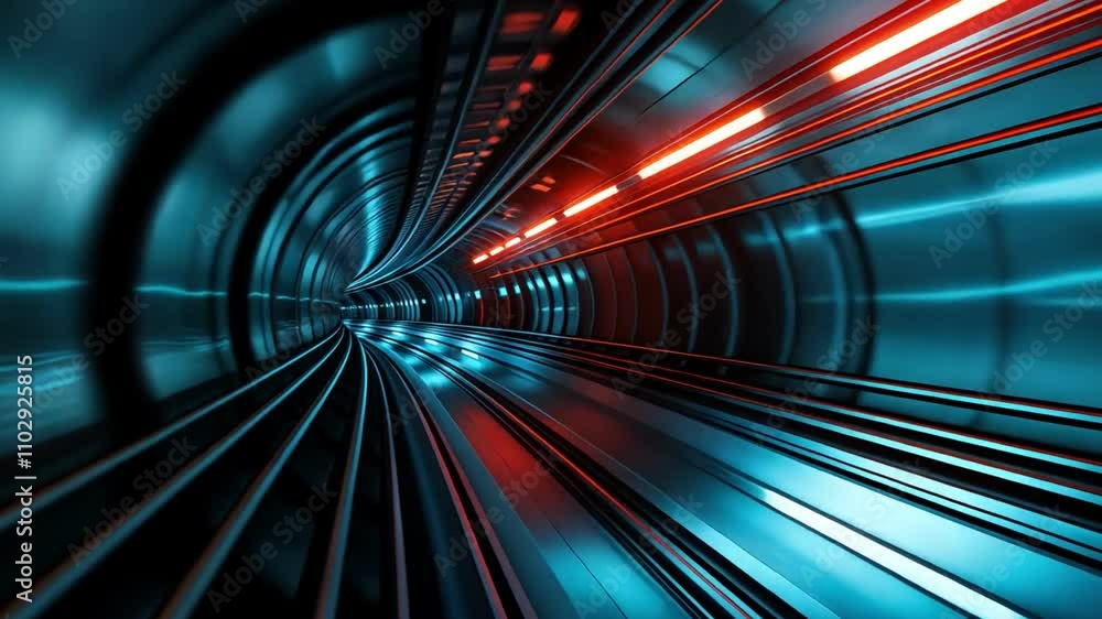 Poster a dynamic perspective of lights rushing through a futuristic tunnel, creating a sense of speed and m